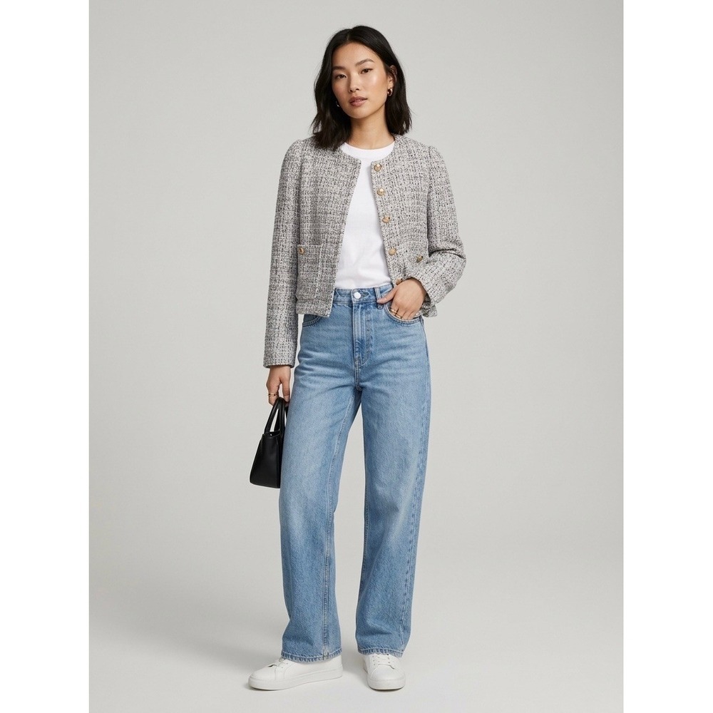 H&M Women Grey Textured Tweed Jacket Gold Crest Button Cropped Blazer XS